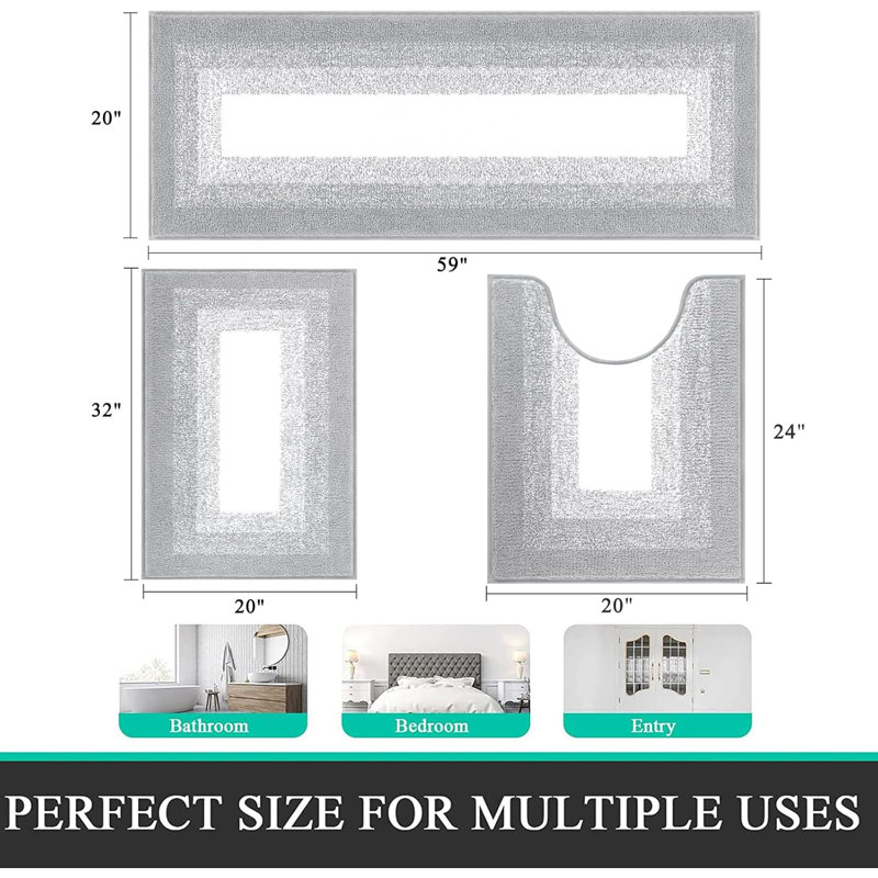 Absorbent Non-Slip Bathroom Mat (Set of 3), Gray
