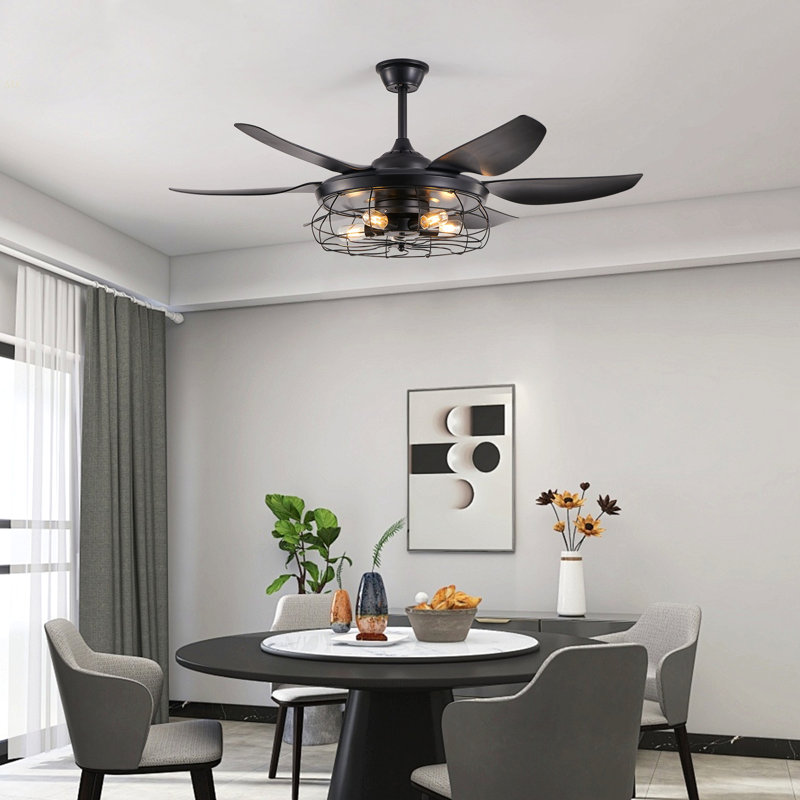 52" Modern Black Ceiling Fan With Light, 6 Fan Blades And Industrial Cage Design, Adjustable Speed For Living Room, Bedroom, Dining Room (Silent/6-Speed/Reversible/DC Motor) (Bulb Not Included)