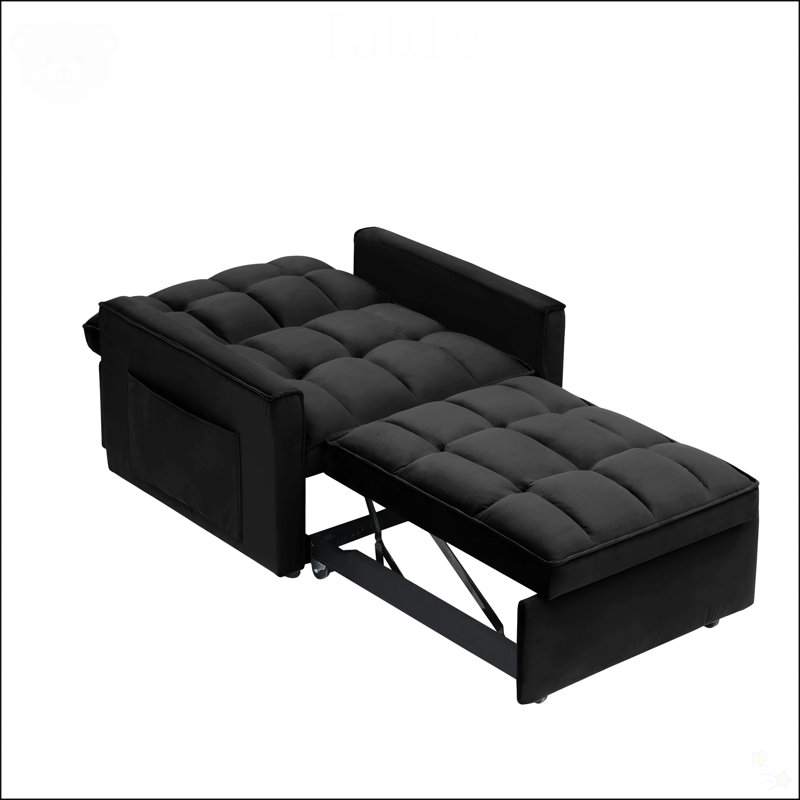 Sofa Bed Chair 3 In 1 Convertible, Recliner, Single Recliner, Suitable For Small Spaces With Adjustable Back, Black Velvet