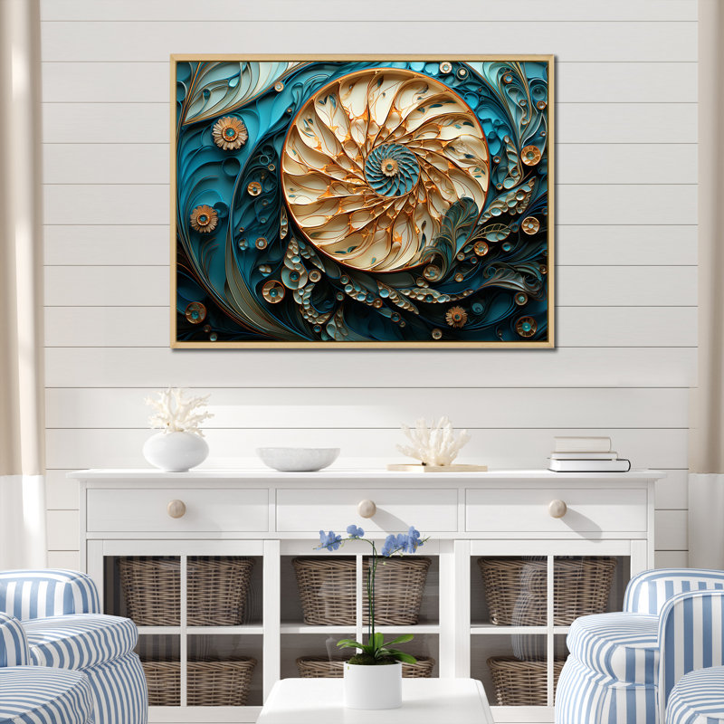 Vortex Nautilus doré et bleu sur toile, Cadre naturel flottant, H 16 po x l 32 po x P 1 po