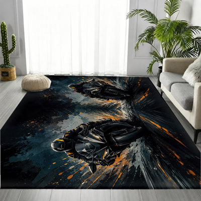 Tapis de course de motocyclette, motif de scène dynamique et éclaboussures de peinture orange et noire, tapis de sol doux, antidérapant et lavable à la machine, décoration intérieure élégante et audacieuse pour le salon, la chambre à coucher, la salle de jeux, le sous-sol, appartement