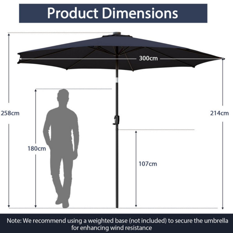 Parasol de patio 10 pieds avec 112 lumières solaires et manivelle, Marine