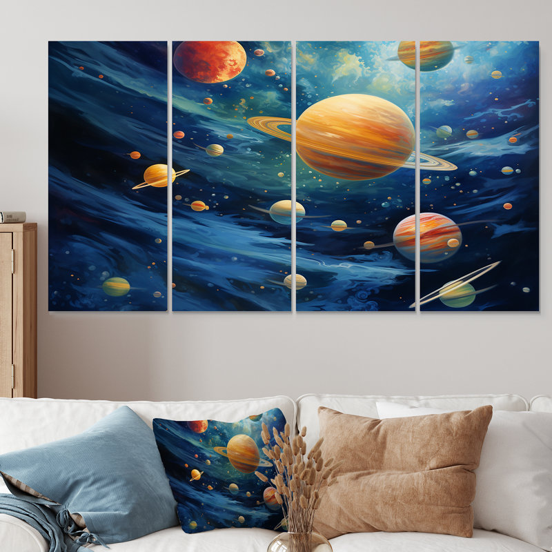 Blue And Orange Planet Odyssey II - Planets 4 Piece Wall Art Decor, 28" H x 48" W