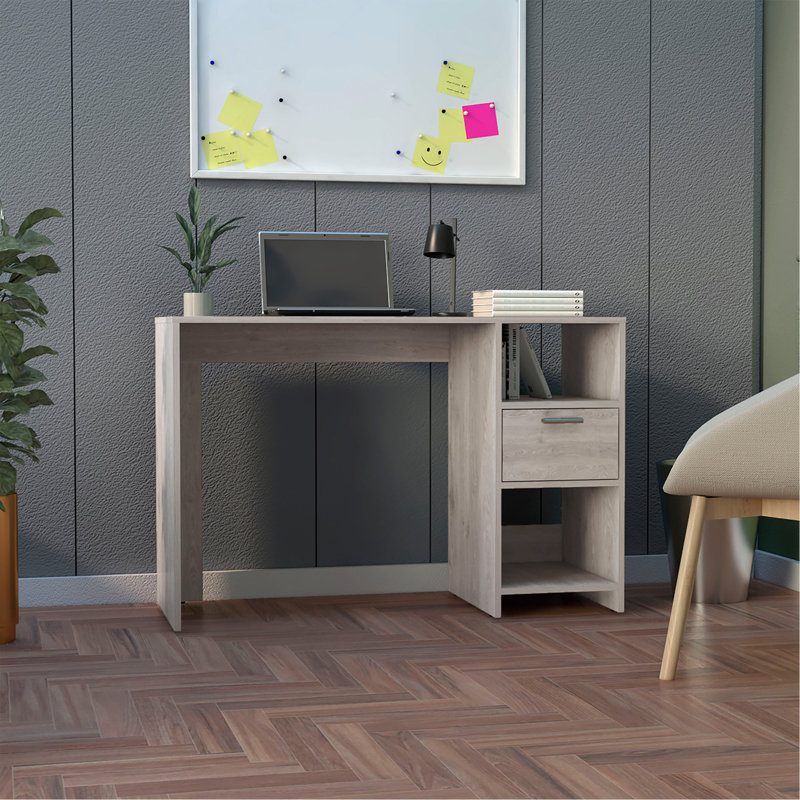 Bureau d'ordinateur avec 1 tiroir et 2 tablettes de rangement ouvertes, chêne fumé, Gray