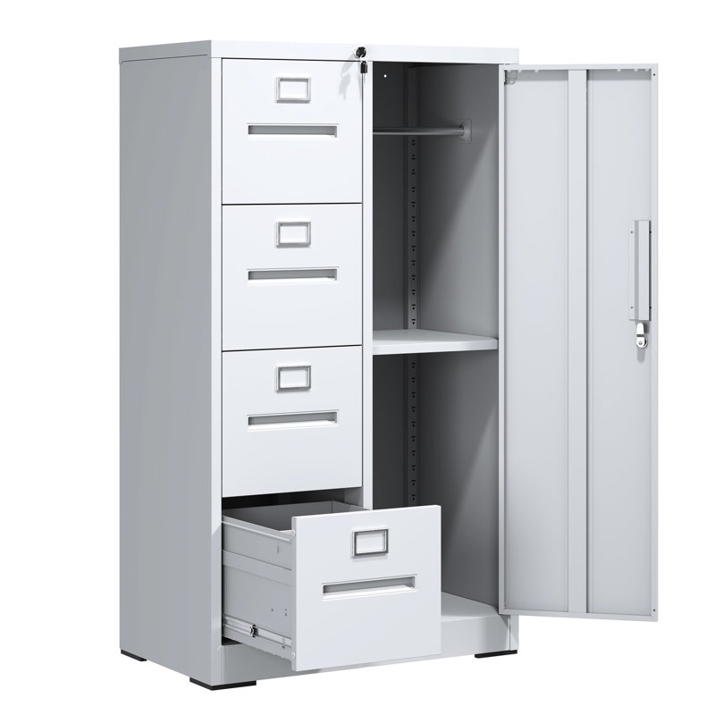 Vertical Steel Filing Cabinet In White With Lock And 4 Drawers - Smooth Bearing Suspension, Spacious Drawers, Easy Cleaning