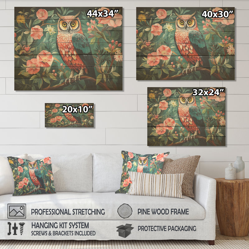 Hibou rose et gris dans un style V Matisse - animal hibou sur bois, H 30 po x l 40 po x P 0,78 po