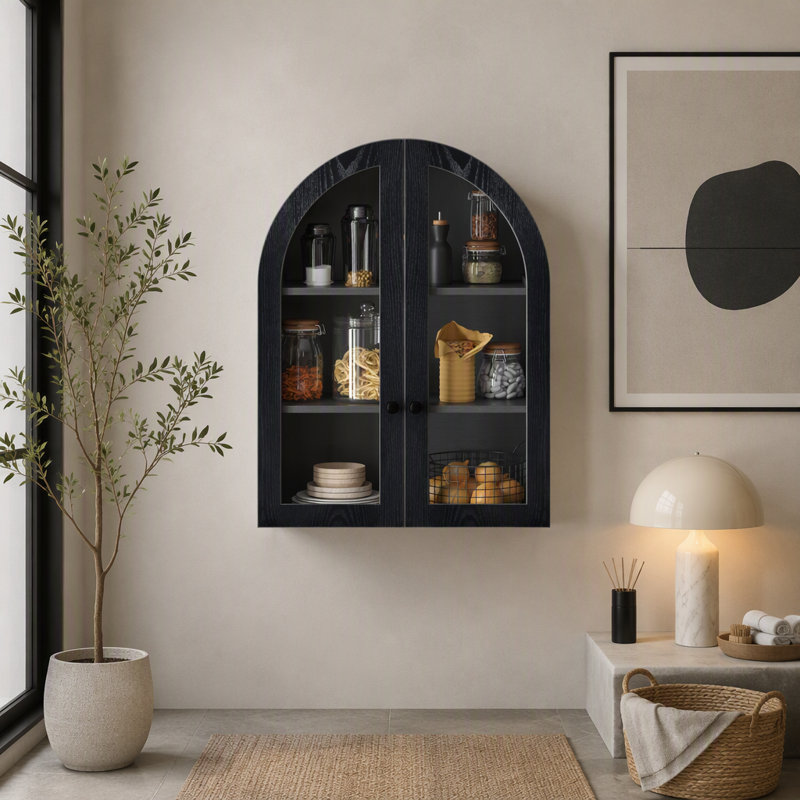 Armoire murale cintrée en placage de bois avec portes en verre trempé et tablette réglable, Black