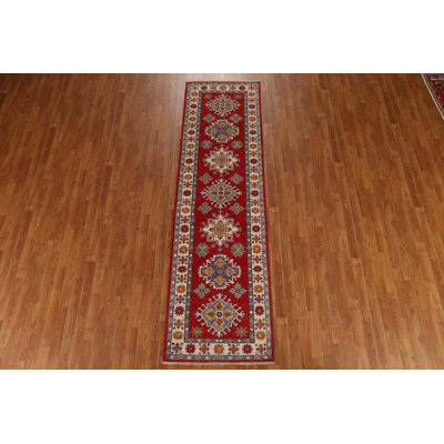 Tapis rouge en laine noué à la main de conception unique 2 pi 9 po x 9 pi 8 po New Age