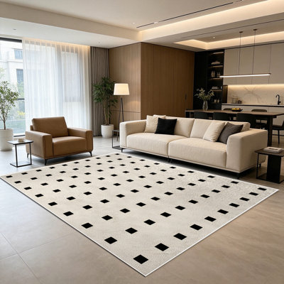 1PC Minimalist Geometric Beige Black Square Grid area rugs for Living Room, Soft and Comfortable, Suitable for all seasons, easy-to-maintain, machine washable Indoor floor mat, Under Table Farmhouse suitable for dining room, kitchen, bedroom,