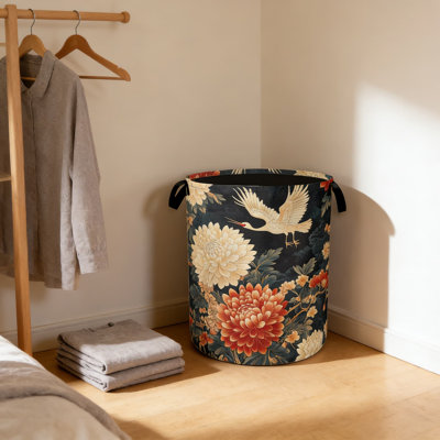 Panier à linge pliable avec motif floral et grue rétro - Panier à linge imperméable Oxford
