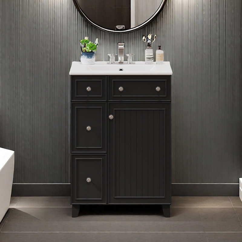 Armoire de meuble-lavabo 24 po avec lavabo en céramique, 2 tiroirs, 1 porte, Blanc / Blanc