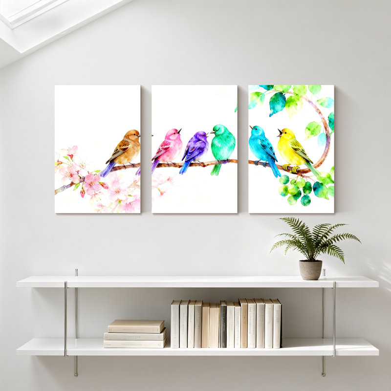 Oiseaux colorés sur des branches de fleurs, ensemble de 3 impressions sur toile, H 36 po x l 72 po