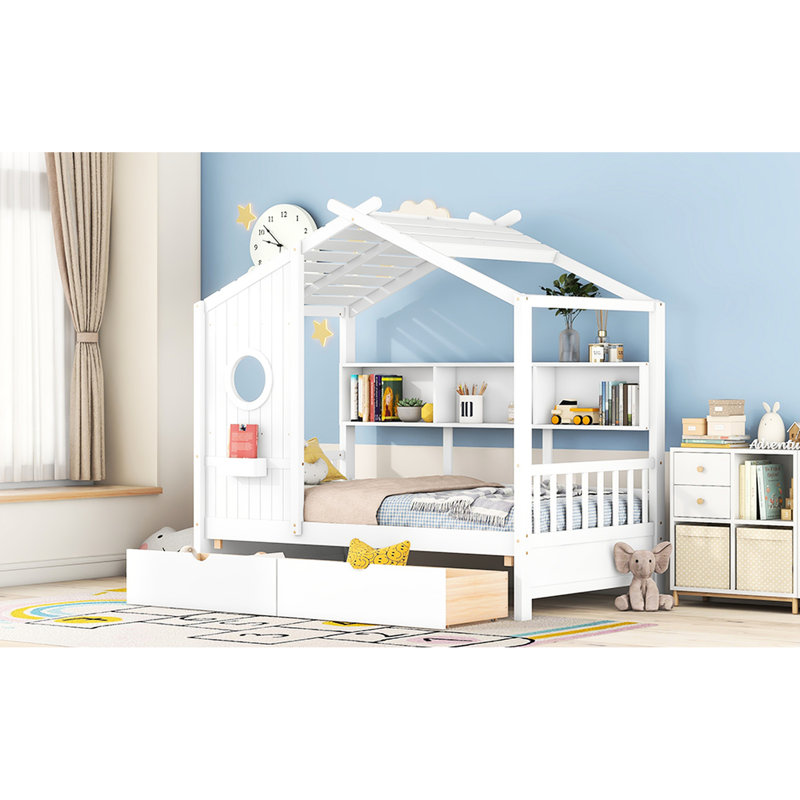 Lit simple en bois avec 2 tiroirs et une tablette, blanc, un choix pour les chambres à coucher, Lit simple