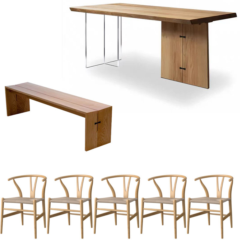 Modern simple solid wood acrylic dining table set, 29.5"H x 94.4"L x 35.4"W