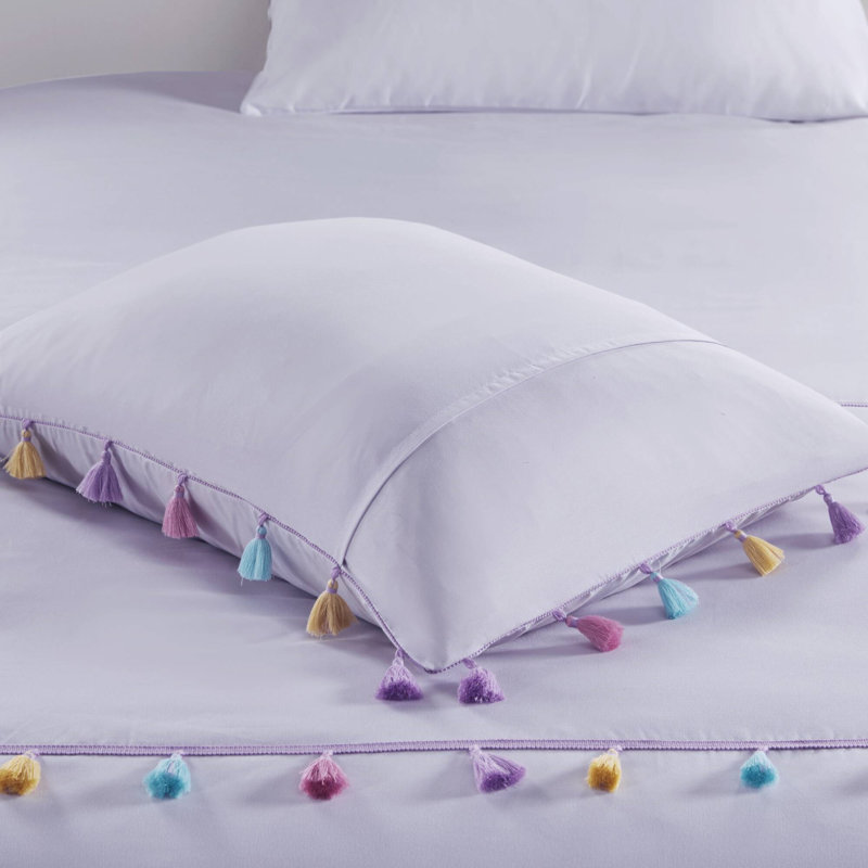 3 PCS Twin Tassel Comforter Set With Heart Shaped Throw Pillow Lavender