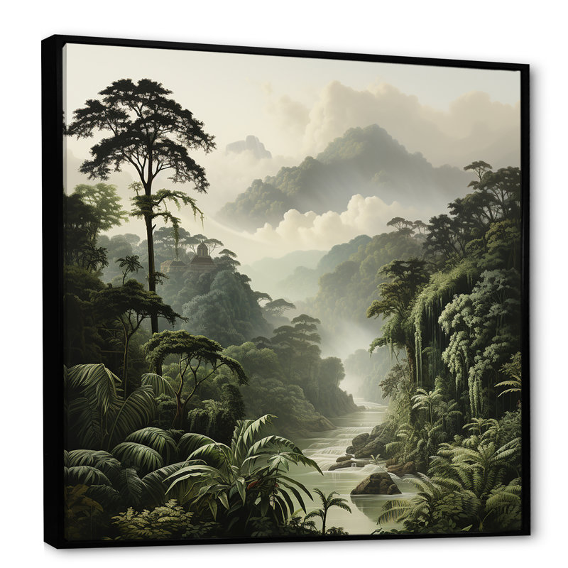 «Vintage Jungle Whispers 1 - Jungle», art mural, Cadre flottant noir, H 36 po x l 36 po x P 1,5 po