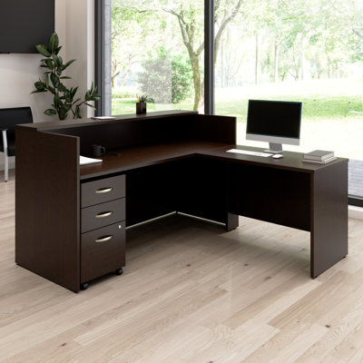 Arrive 72W x 72D Reception L Desk with 3 Drawer Mobile Pedestal -  Bush Business Furniture, ARV007MR