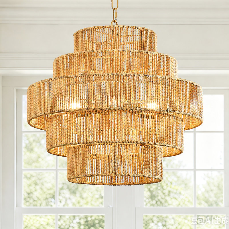 6 - Light Dimmable Hand-woven Rattan Tiered Chandelier