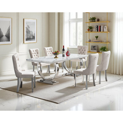 Luxury 68" Dining Table Set for, White Faux Marble Dining Table with Velvet Dining Chairs, Modern Kitchen Table and Chairs Set, Luxury Dining Table Set for Kitchen Dining