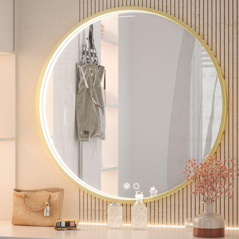 Miroir mural rond en métal avec anti-buée Fantina, 28 po x 28 po, Or