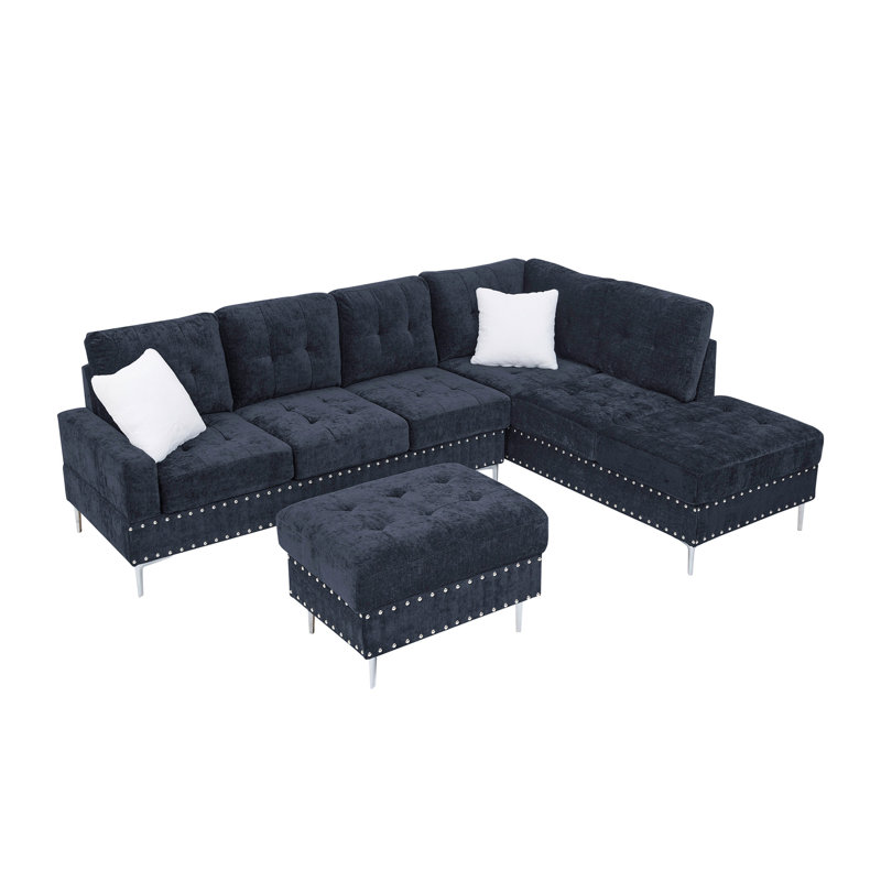 Sectional 3-Seaters Sofa With Chaise, Storage Ottoman, Metal Legs And Copper Nails,Two White Pillows ,Navy Bule(102" X 76" X35")