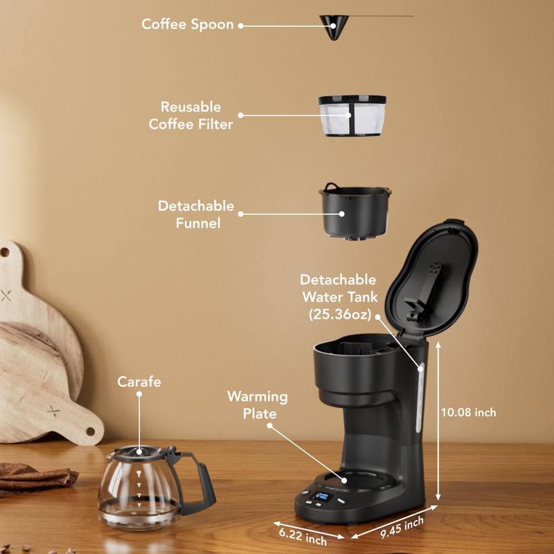 Cafetière compacte programmable de 5 tasses Cowsar - la machine à café indispensable avec horloge numérique, minuterie 24 heures, arrêt automatique et panier-filtre amovible pour la maison et le bureau.