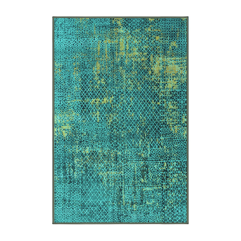 Tapis en laine / polyester tissé à la machine Clarajane en bleu sarcelle / vert, Rectangle 2 pi x 3 pi