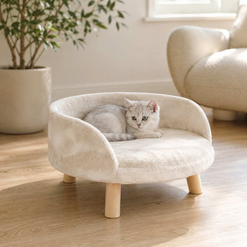 Canapé surélevé en peluche pour animaux de compagnie avec pieds en bois massif - canapé semi-circulaire pour chat et chien avec coussin lavable amovible, pieds antidérapants, pour petits et moyens animaux de compagnie (13,8 po / 19,7 po, beige)
