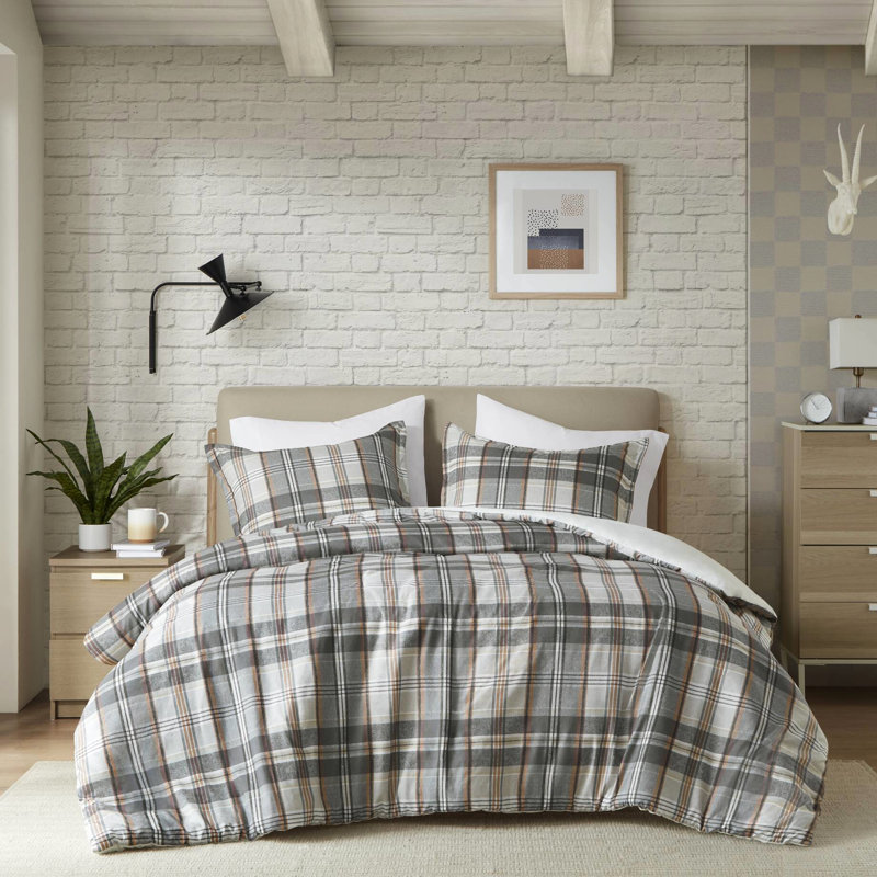 Housse de couette en microfibre à carreaux double / grand 3 pièces avec tissu écossais classique - étiquette, fermeture à boutons et certification de lavage en machine, fonction lavable
