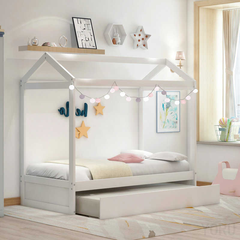 Lit maison avec lit gigogne, peut être décoré, blanc