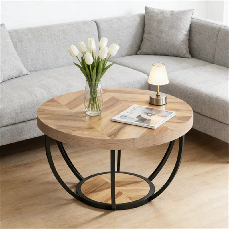 Round Wood Coffee Table With 2-tier Storage, Modern Cocktail Center Table With Curved Metal Base, Living Room & Reception Accent Table