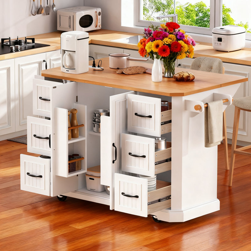 Îlot de cuisine roulant rustique avec abattant, prise de courant et grand espace de rangement sur 4 roues pour les cuisines modernes