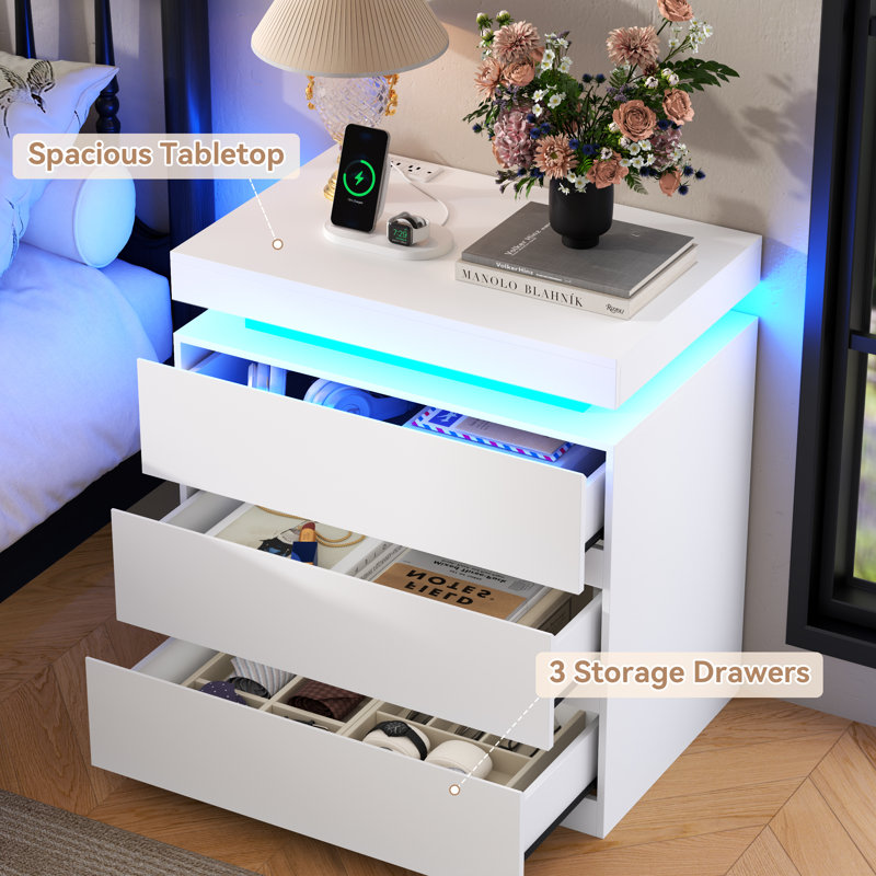 Nightstand With Charging Station And LED Lights, White