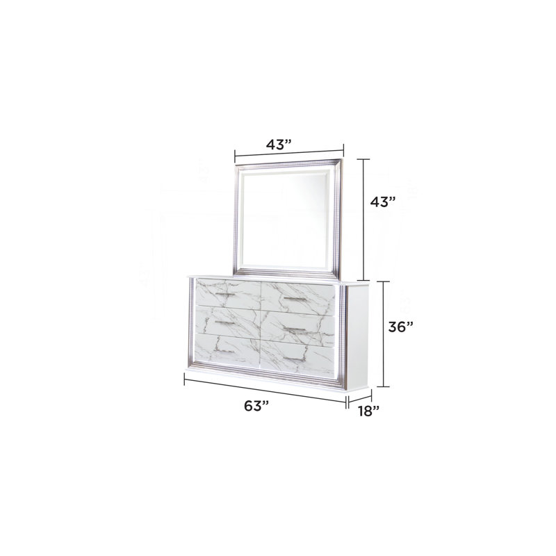 Commode Desire à motifs de tiroirs en marbre avec une finition blanche élégante, une poignée métallique et six tiroirs spacieux pour un rangement élégant dans la chambre à coucher (INCLURE SEULEMENT DRESSER)