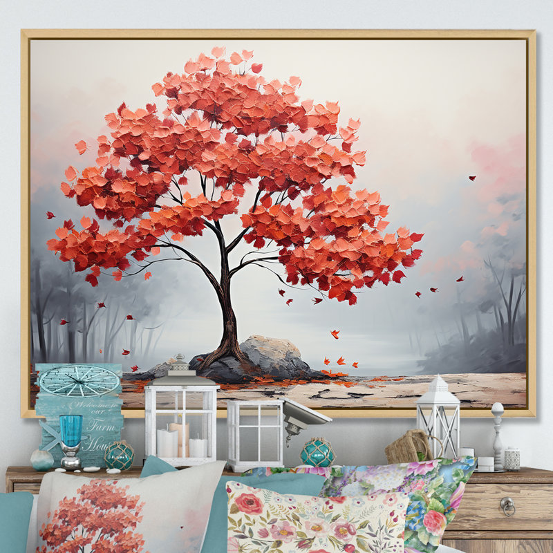 Fiery Red Maple Tree - Art mural érable, H 30 po x l 40 po x P 1,5 po, Cadre flottant naturel