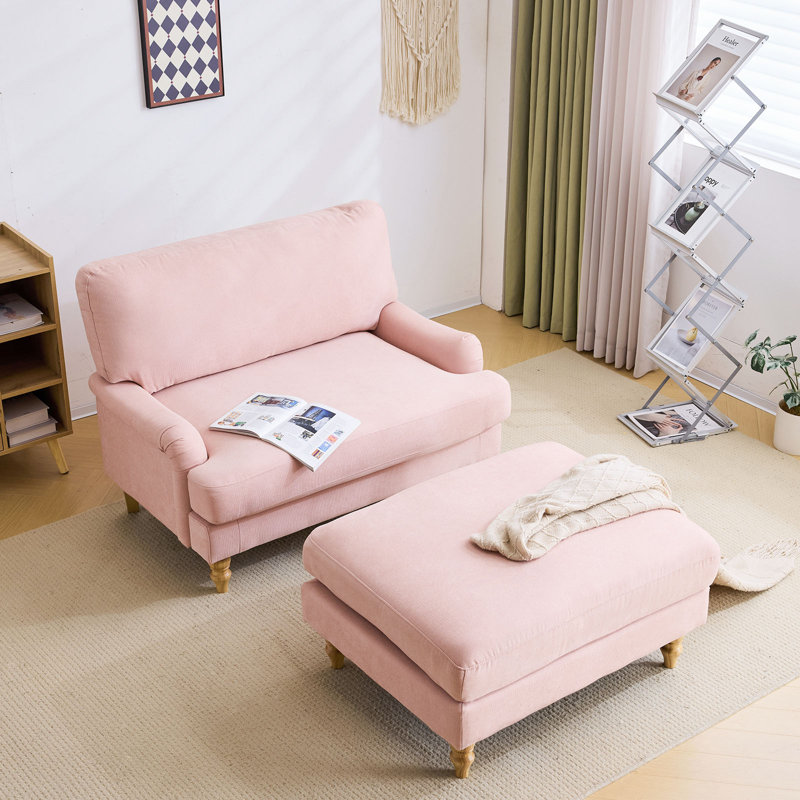 47" Upholstered Accent Chair With Ottoman,, Pink Foam Padding