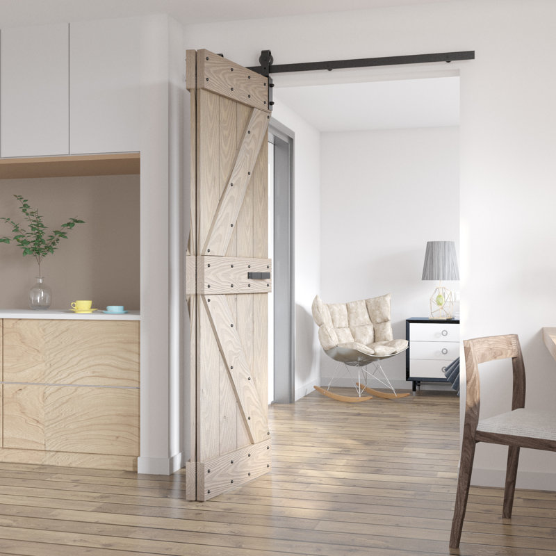 Porte de grange pliante en bois de pin noueux 80 po H avec trousse de quincaillerie, Gris clair, 36 po x 80 po
