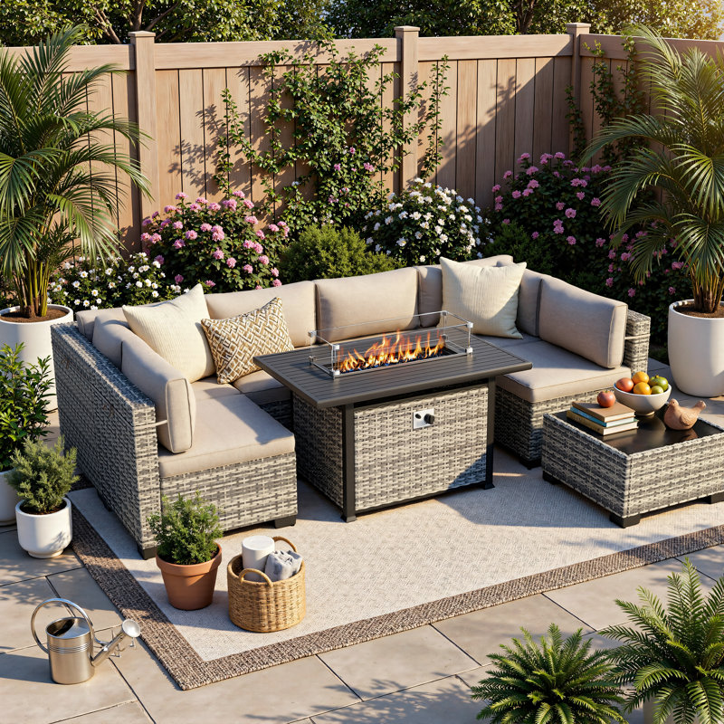 Ensemble de conversation modulaire d'extérieur 8 pièces avec table et coussins pour foyer au propane, Taupe