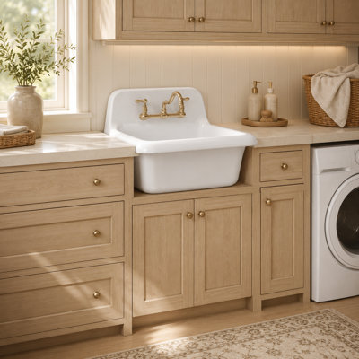 ELLAI 24-in Wall Mounted High Back Utility Sink White Ceramic Farmhouse Laundry Sink Bathroom Sink