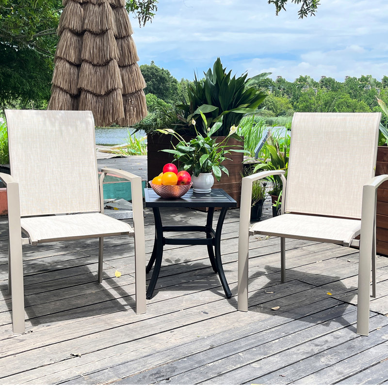 Outdoor Dining Chairs Of 2 Weather Cream Color Metal Frame Stackable Breathable For Garden Patio Porch 22.1"L X 25.2"W 36"H In Quick - Drying Poolsides