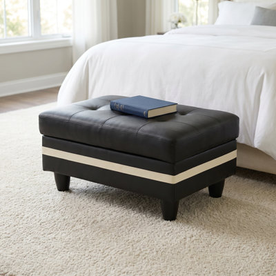 Repose-pieds de rangement moderne capitonné en similicuir, repose-pieds de rangement relevable à rayures contrastantes noir et blanc, banc de rangement rectangulaire rembourré avec pieds en bois massif pour table basse de salon