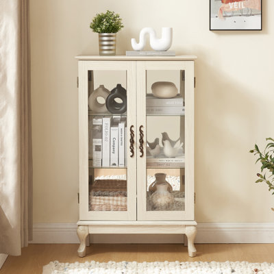 Vitrine de style américain en verre avec pieds incurvés, grands tiroirs et poignées en métal