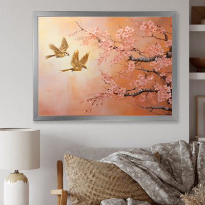 Oiseaux dorés et roses sur un arbre floral III - Art mural oiseau