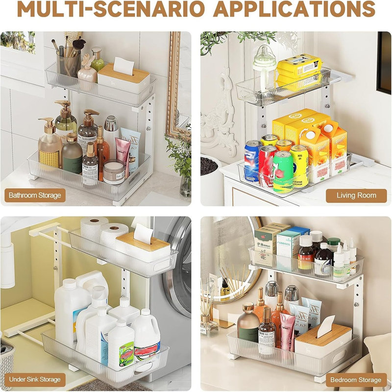 2-Pack 2-Tier Under Sink Pull-Out Organizer, Slide-Out Storage For Kitchen, Bathroom, Or Laundry, White