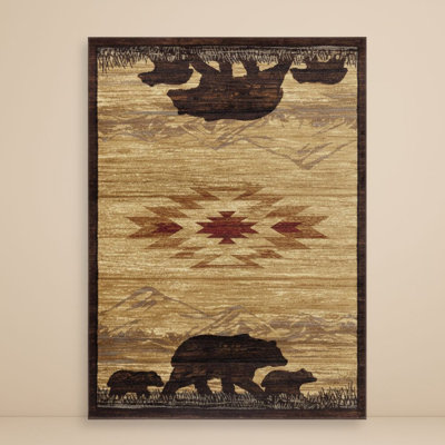 Rustic Cabin Area Rug with Woodland Animal Design, Brown Beige Outdoor Wildlife Motif Carpet