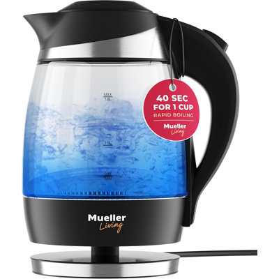 Bouilloire électrique Mueller Living, bouilloire électrique pour faire bouillir l'eau, arrêt automatique de 1 500 W SpeedBoil Teach, sans fil 1,8 L avec lumière DEL, bouilloire en verre borosilicaté, sans BPA