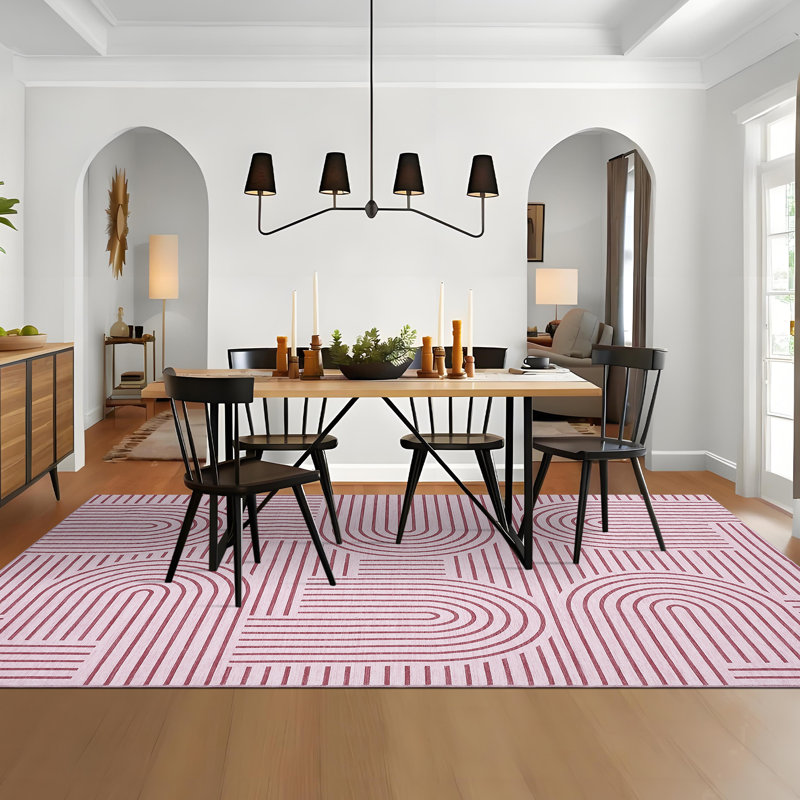 Modern Rug 5x7 Washable Rug for Living Room Abstract Geometric Stripe Carpet Non Shedding Floor Covering Foldable Mat for Bedroom Nursery Pink
