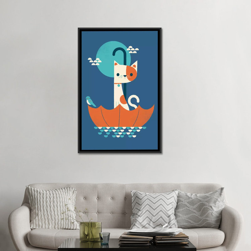 «Cat in Umbrella», impression sur toile tendue, H 26 po x l 18 po x P 1,5 po, Toile avec cadre noir