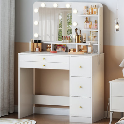 Makeup Vanity Desk 5-Drawer Dresser with Mirror and Adjustable LED Lighting