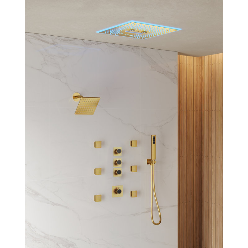 Système de douche thermostatique à DEL 16 po avec musique Bluetooth, robinet de douche à pluie 6 po avec douche à main